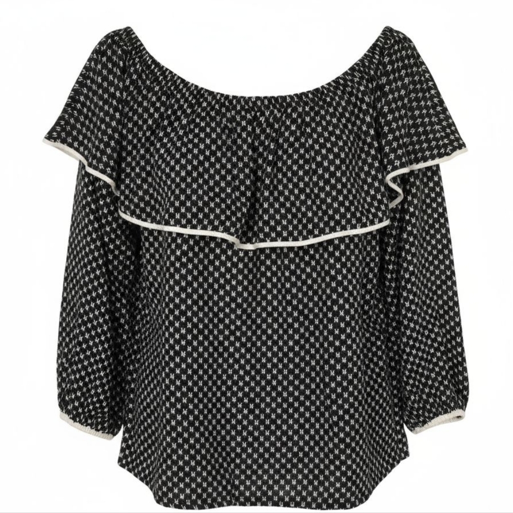 Vince Camuto Peasant Top Off Shoulder Black White Ruffle Medium